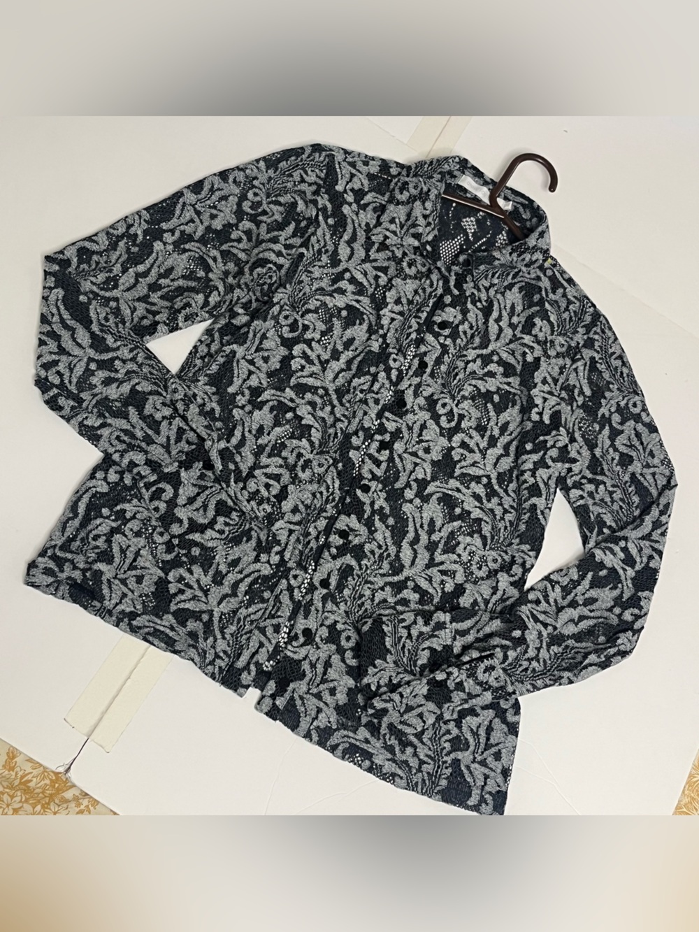 Anne Fontaine FR 42 Elsa Dark Gray Floral Lace Long Sleeve Button Blouse Top M/L